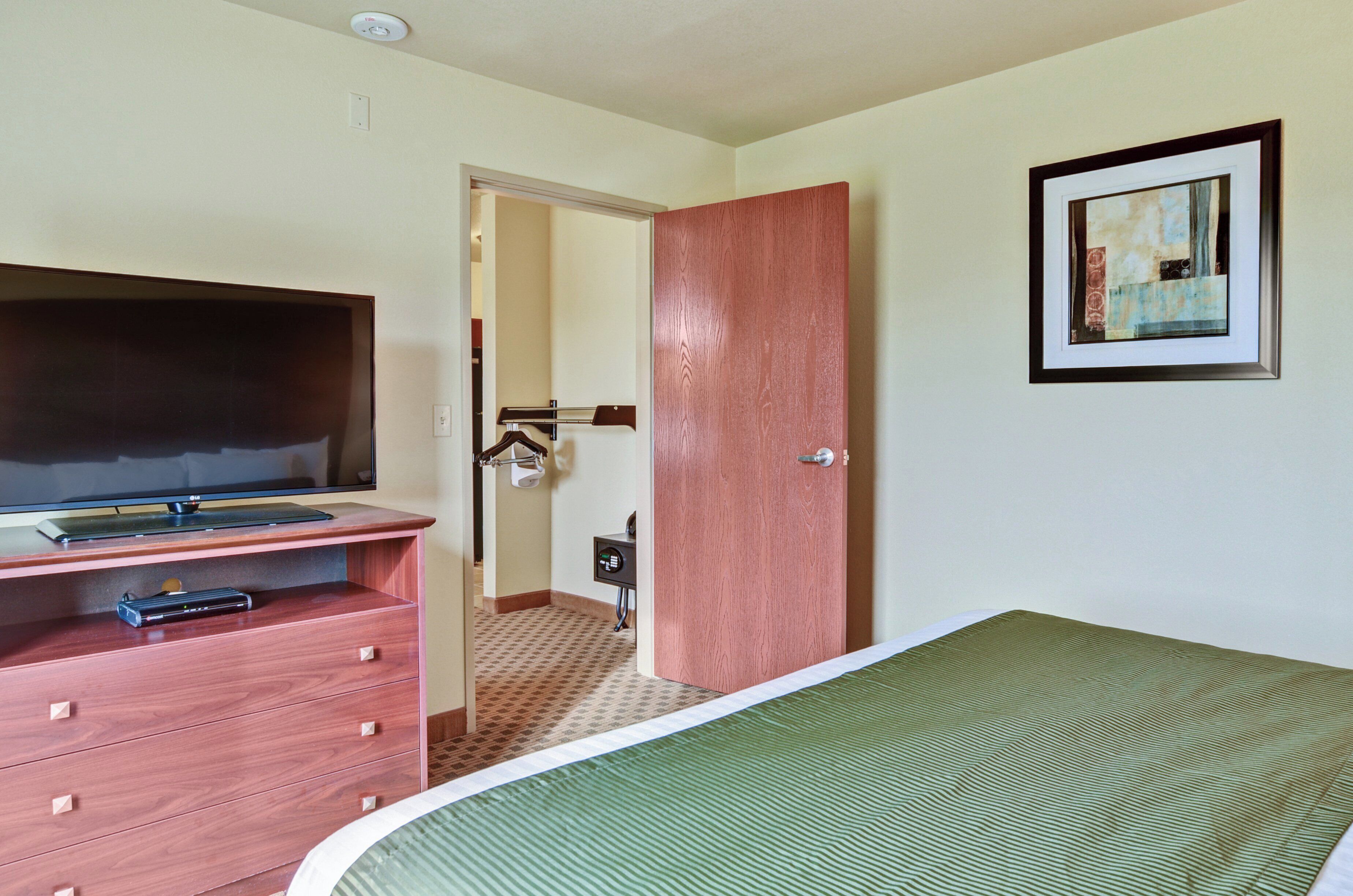 Habitación de hotel con una cama, un televisor sobre un mueble, una puerta de madera y un cuadro en la pared.