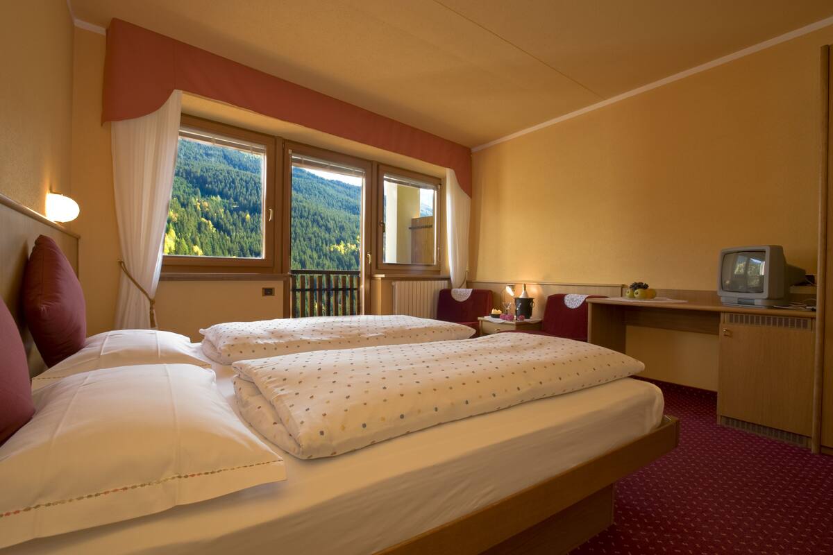 Habitación de hotel con dos camas, un escritorio con televisor y ventana con vista a zona boscosa.