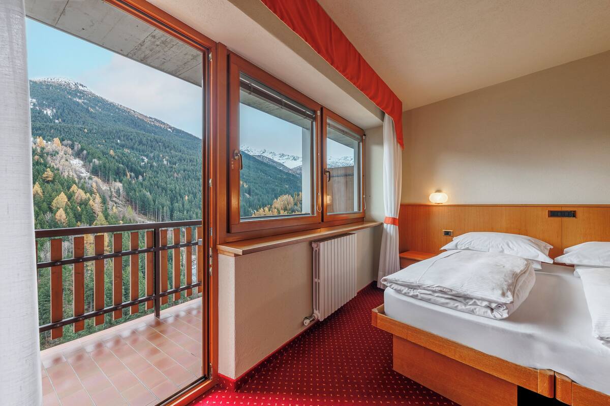 Una habitación de hotel con una cama, un ventanal con vistas a un bosque y montañas, y una alfombra roja.