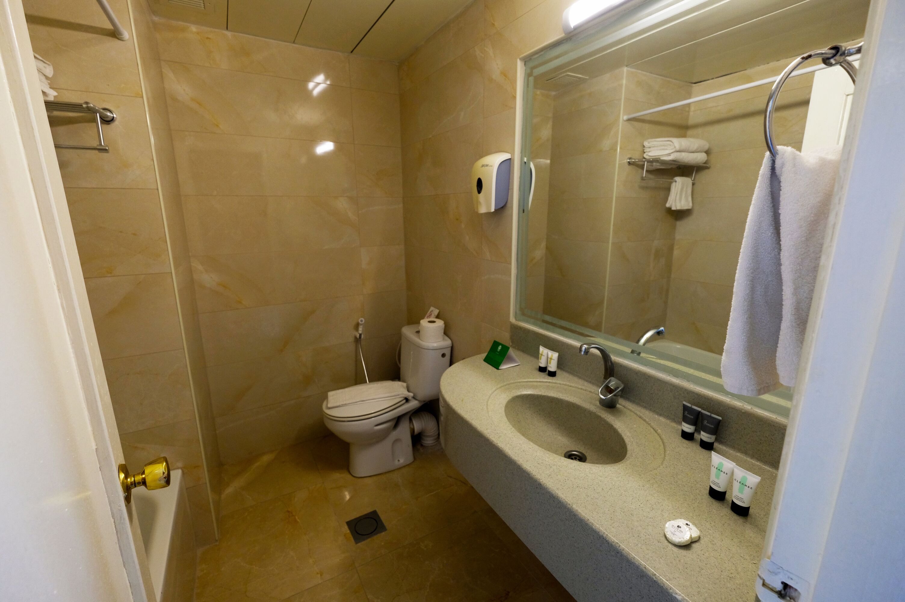 A bathroom with a toilet, sink, and mirror.