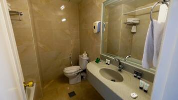 A bathroom with a toilet, sink, and mirror.