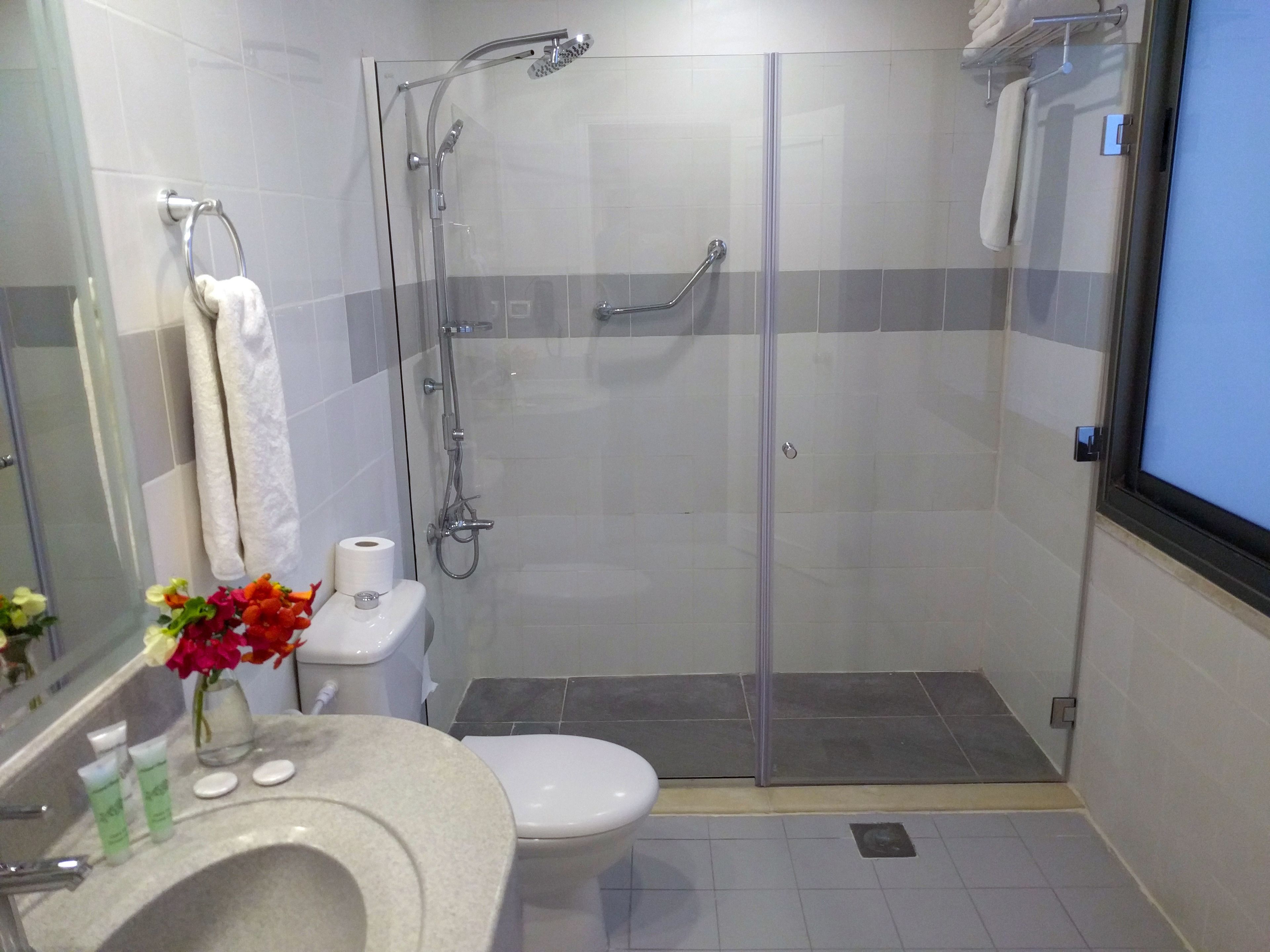A modern bathroom with a glass-enclosed shower, a toilet, and a sink with toiletries.