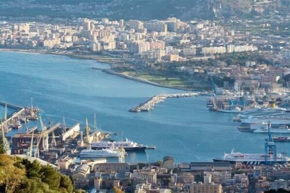 Un paisaje urbano costero con un puerto deportivo lleno de barcos y yates.