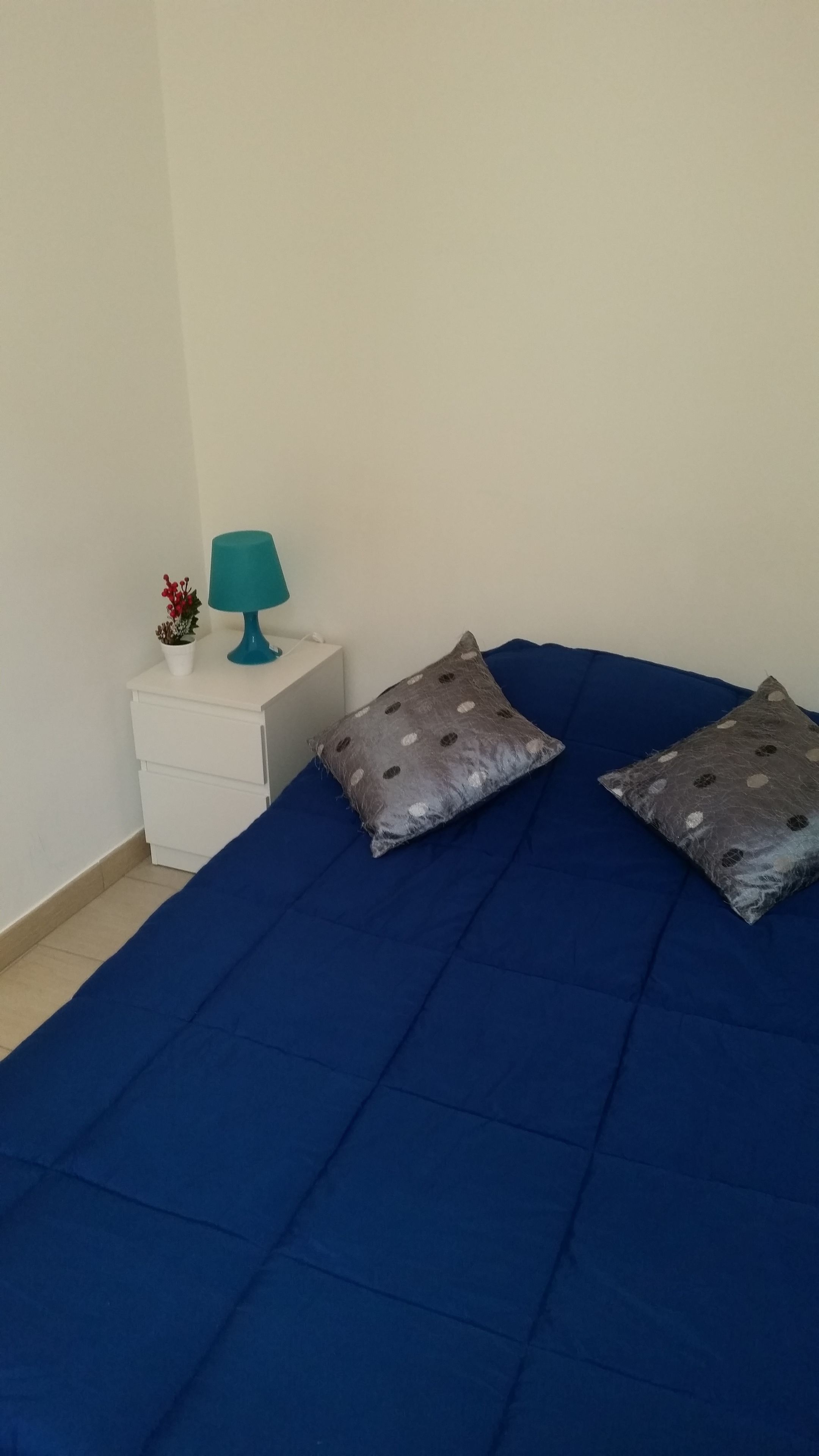 Een slaapkamer met een blauw beddekleed, twee kussens met stippen, een blauwgroene bedlamp en een kleine potplant op een witte nachtkastje.