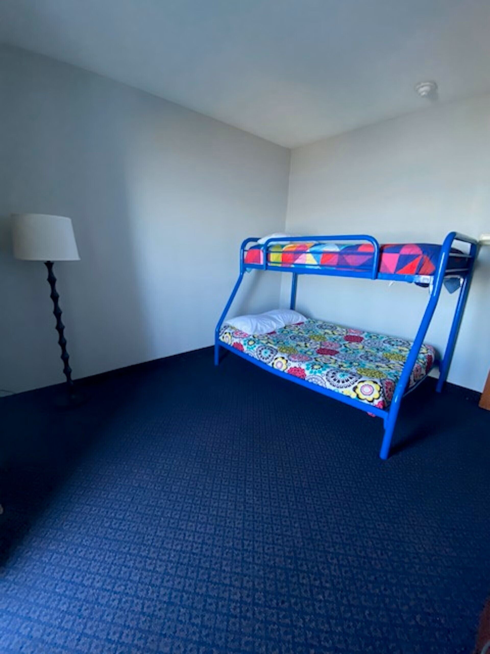 A single bed with a colorful patterned bedspread, a bedside table, and a lamp in a room with a blue carpet.