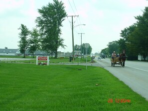 A horse-drawn carriage on a road with a sign indicating an entrance to a facility. - Der Ruhe Blatz Motel (Shipshewana)