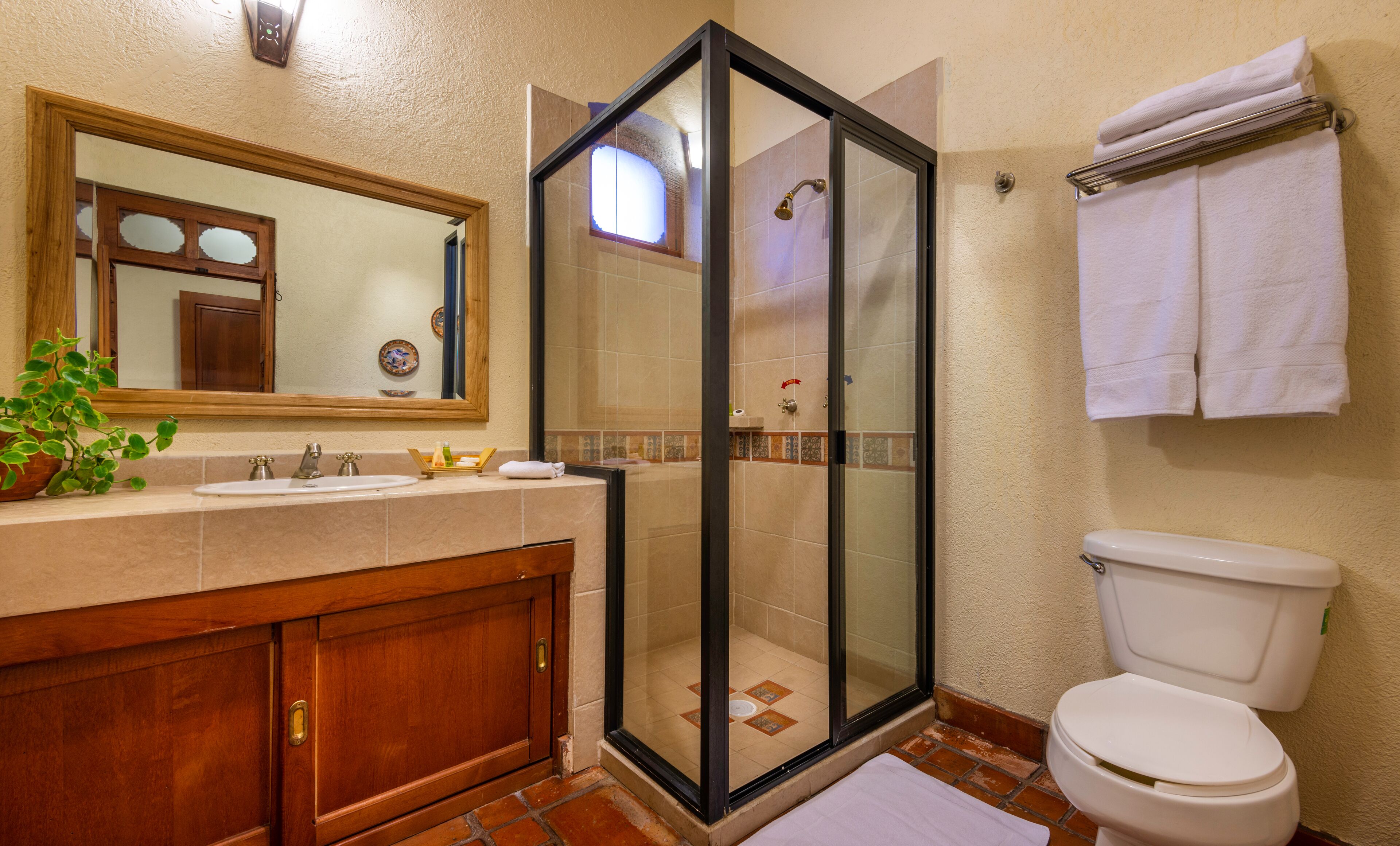 shower, free toiletries, hair dryer, towels