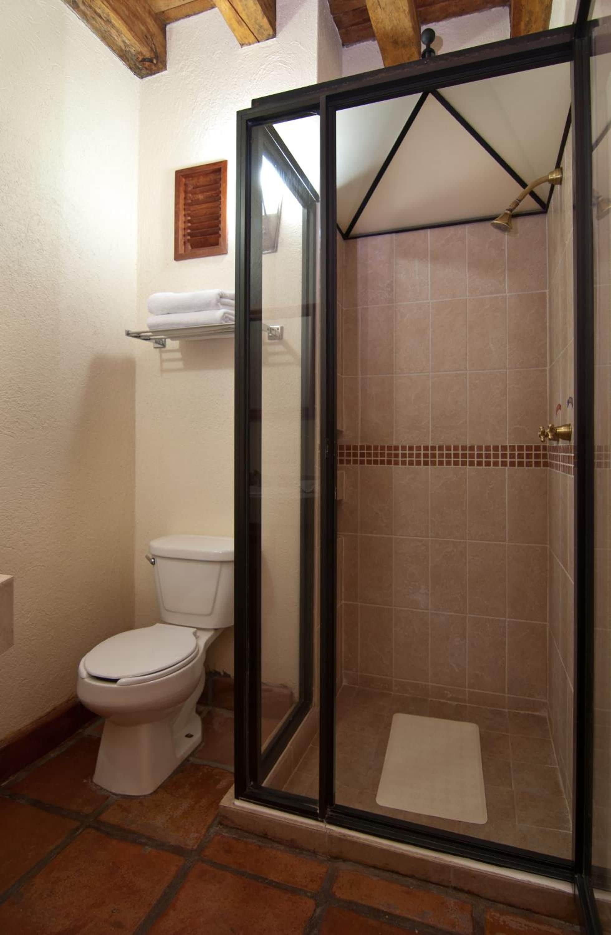 A bathroom with a glass-enclosed shower, a toilet, and a shelf with towels.