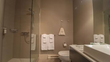 Un baño moderno con ducha envuelta en cristal, inodoro y lavamanos con espejo.