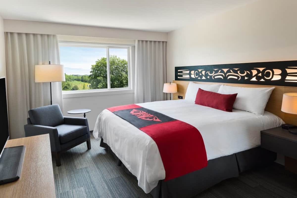 A hotel room with a large bed, a desk, a chair, a TV, and a window with a view of greenery.