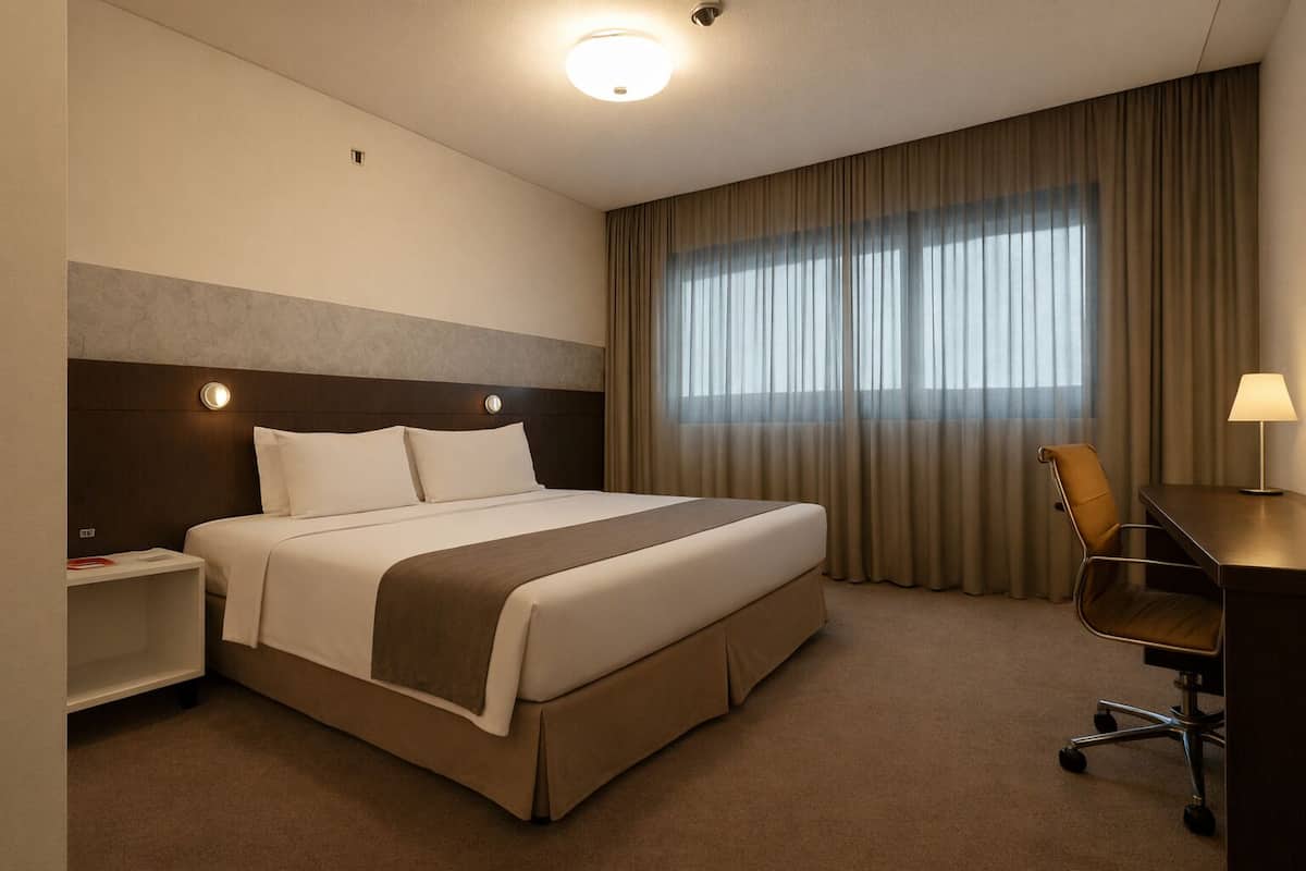 A hotel room with a large bed, a desk with a chair, a nightstand, and a window with curtains.