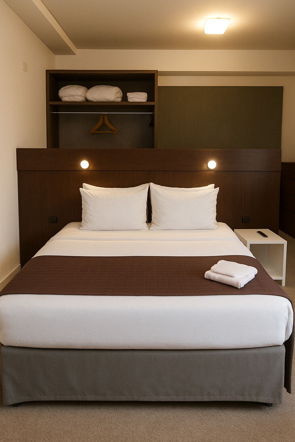 A neatly made bed with a brown bedspread, a headboard with built-in lighting, and a bedside table with a remote control.