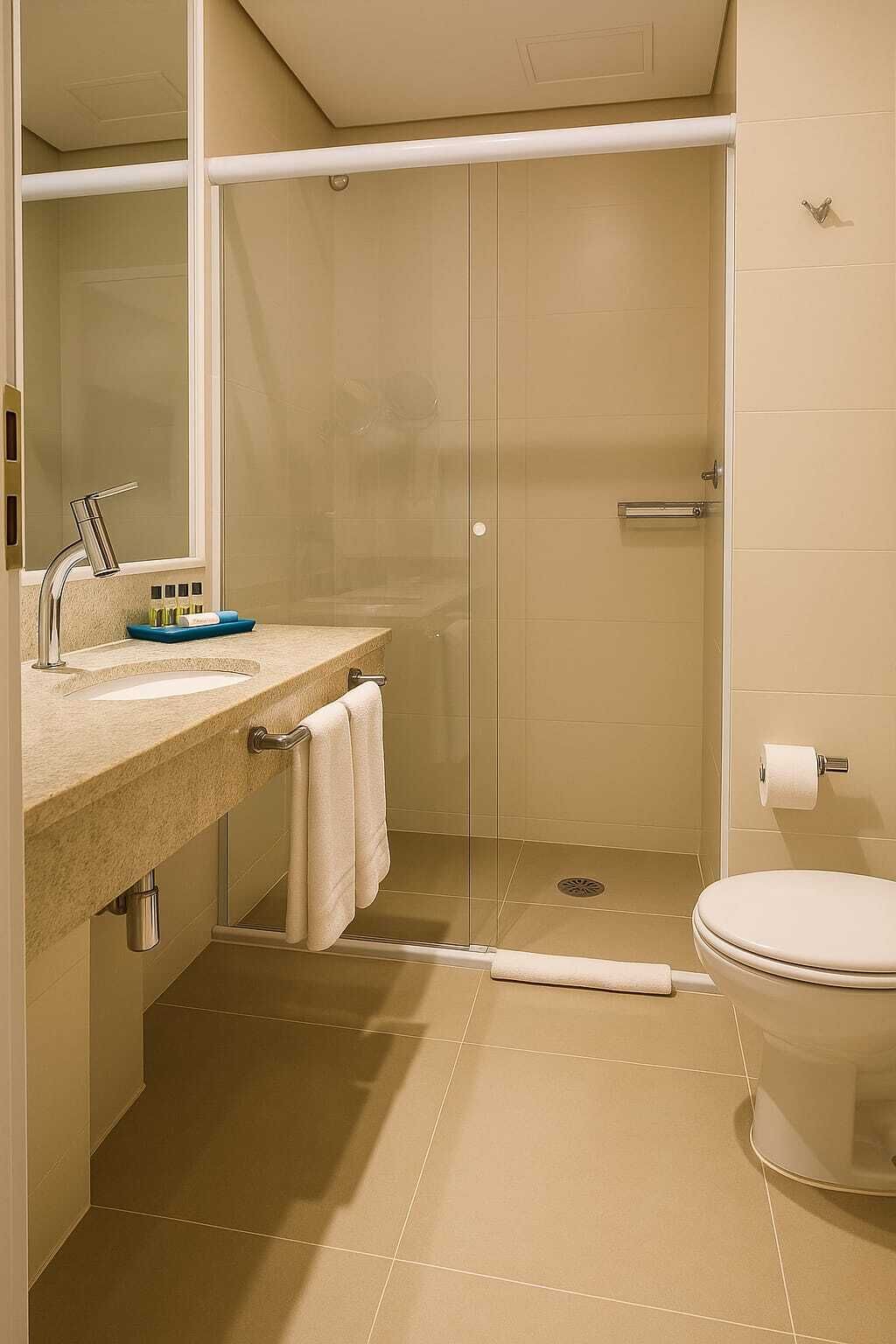 A modern bathroom with a glass shower enclosure, a sink with a mirror, and a toilet.