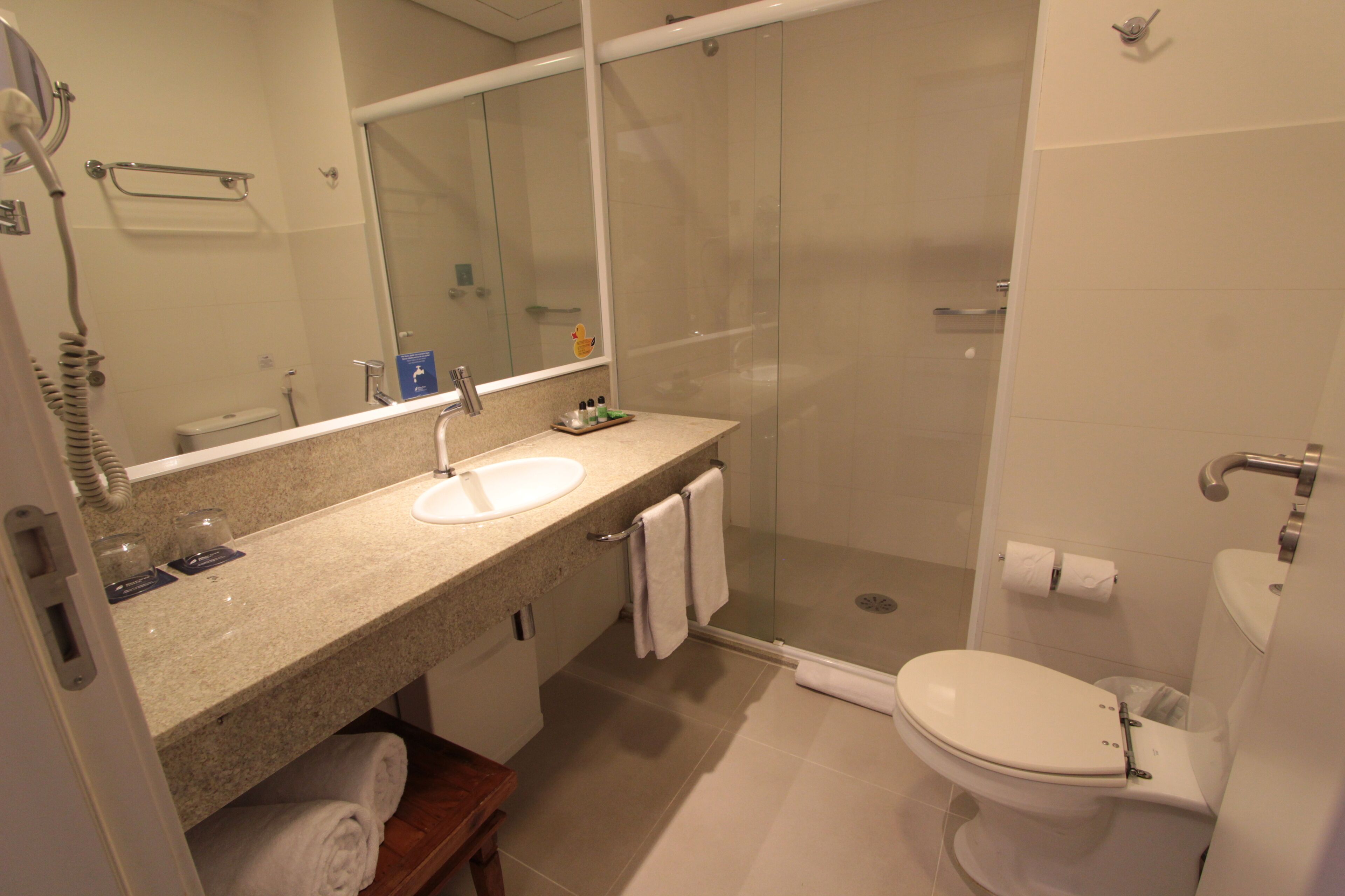 A bathroom with a sink, mirror, toilet, and glass-enclosed shower.