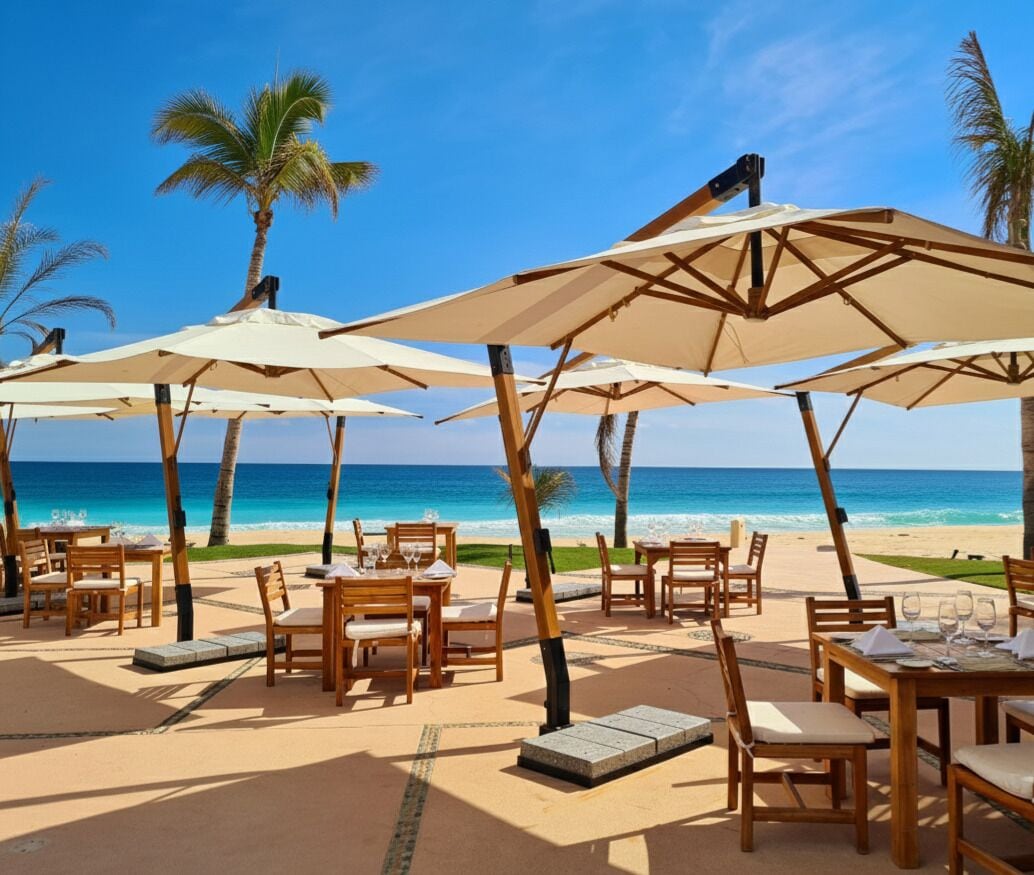 A beachside restaurant with outdoor seating, palm trees, and a view of the ocean.