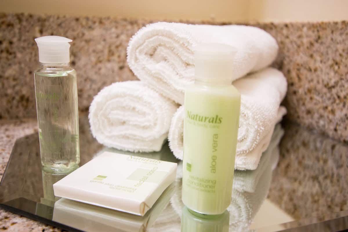 combined shower/bathtub, free toiletries, hair dryer, towels