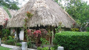 A thatched-roof structure surrounded by lush greenery and a stone pathway. - Hotel Tikal Inn (Flores)