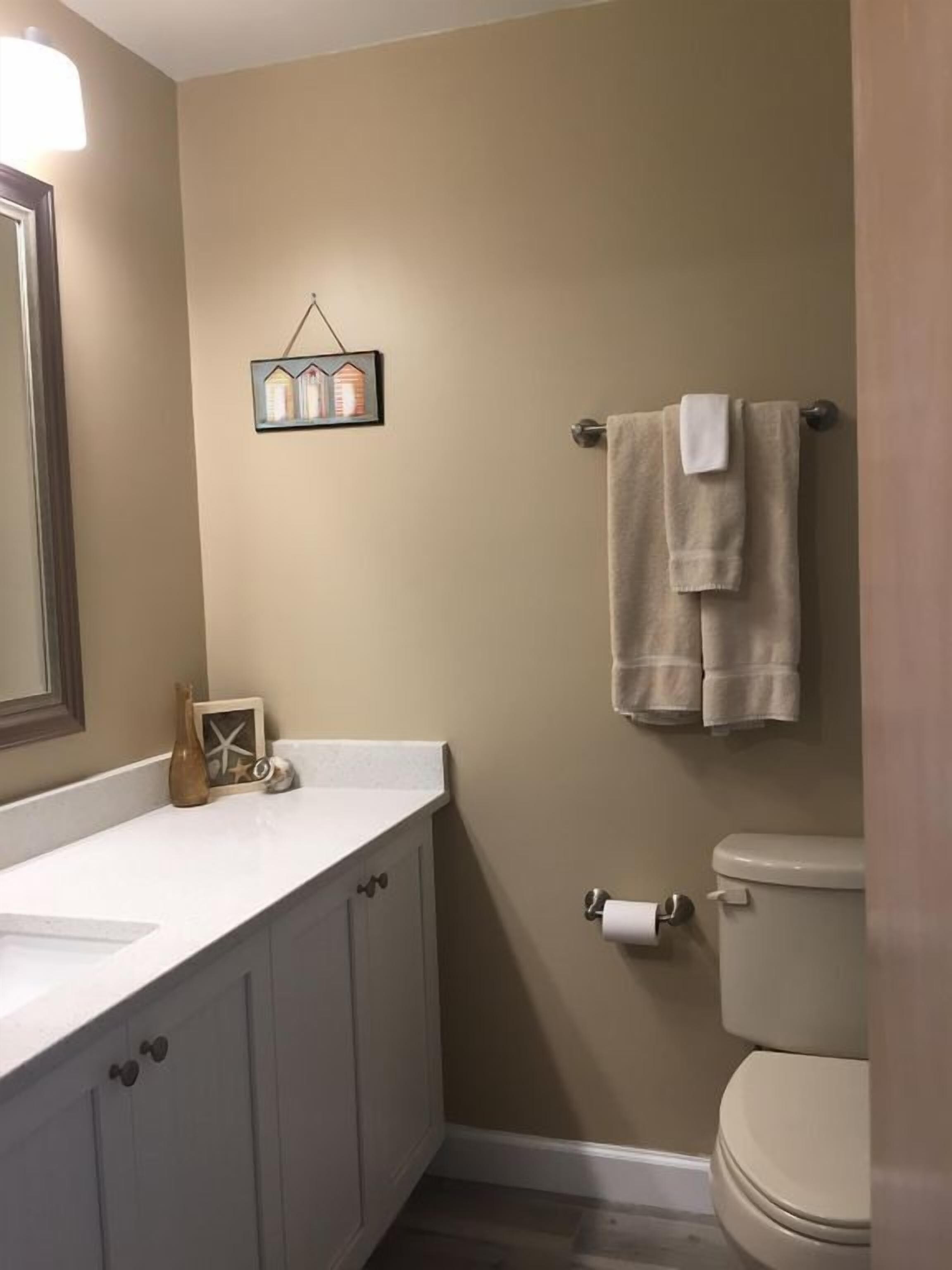 A bathroom with a white vanity, a toilet, and a towel rack with two towels.