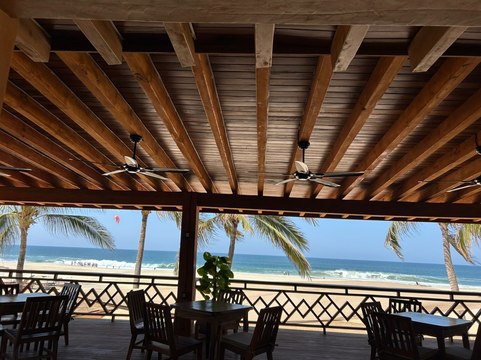 Un espace extérieur aménagé, abrité et doté de poutres en bois et de ventilateurs de plafond, offrant une vue sur une plage bordée de palmiers et sur l’océan.