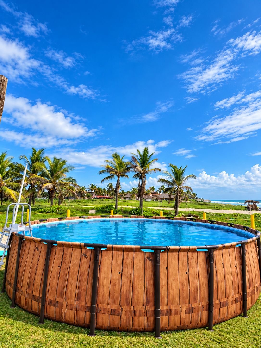 Una piscina de madera rodeada de palmeras y un cielo azul despejado.