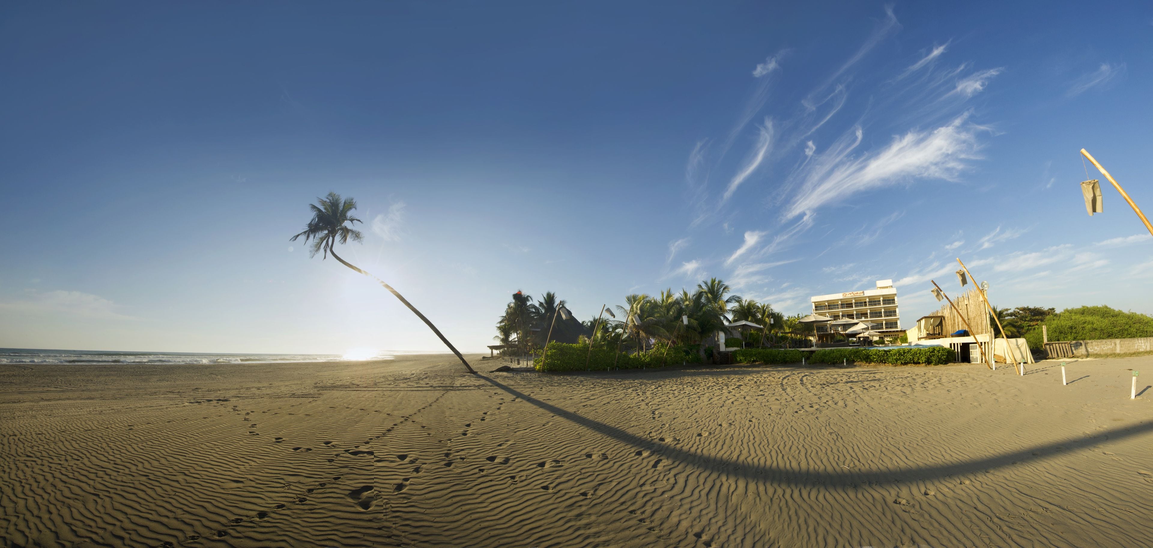 Una playa con huellas, palmeras y un edificio con techo inclinado.