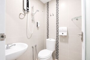 Shower, hair dryer, bidet, towels