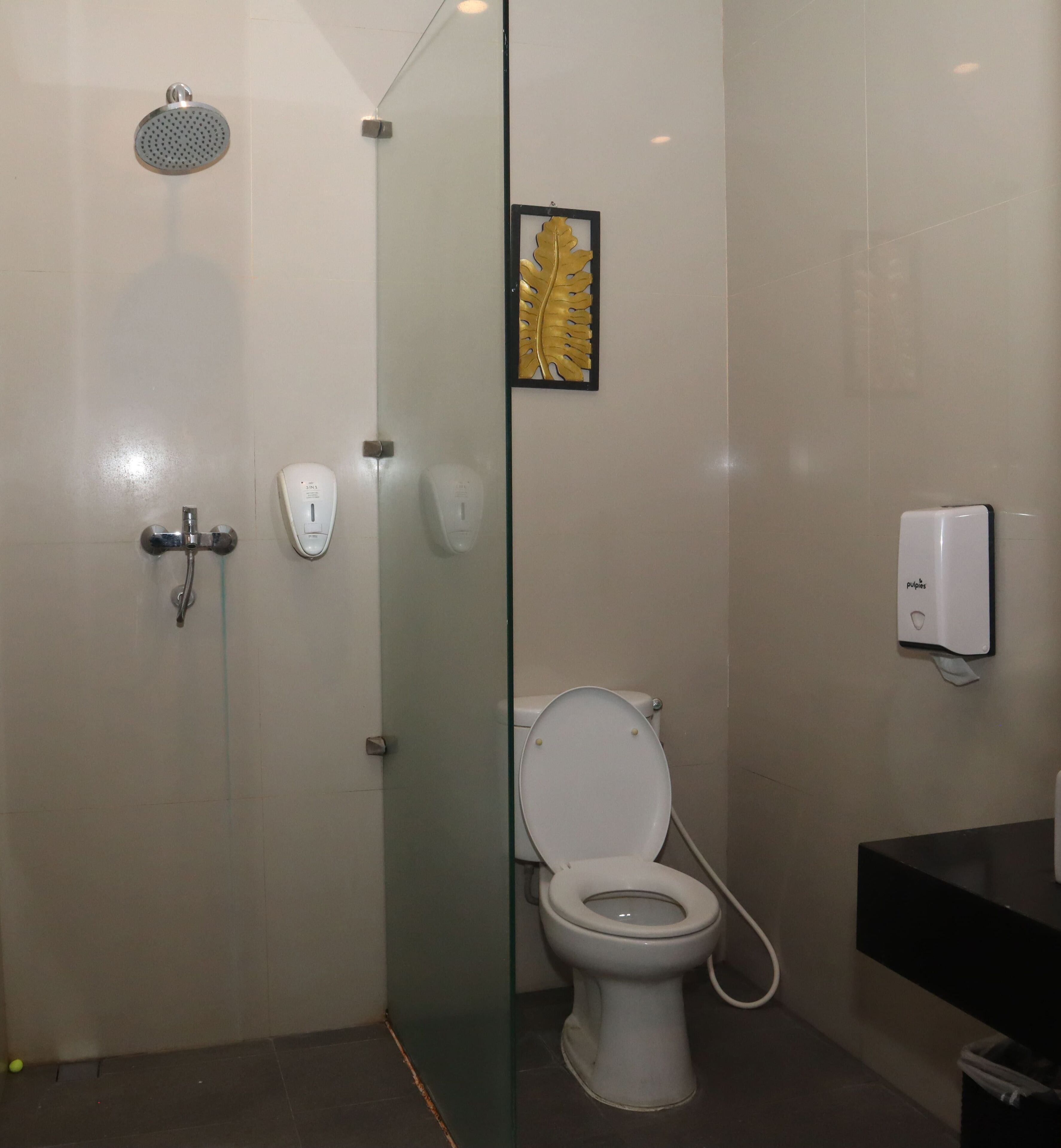 Ein modernes Badezimmer mit Glasabtrennung, einer Duschbrause, einer Toilette und einem Händetrockner.