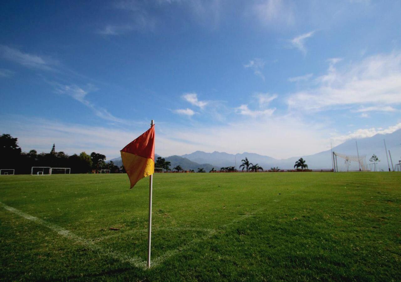 A grassy field with a flagpole and a flag.