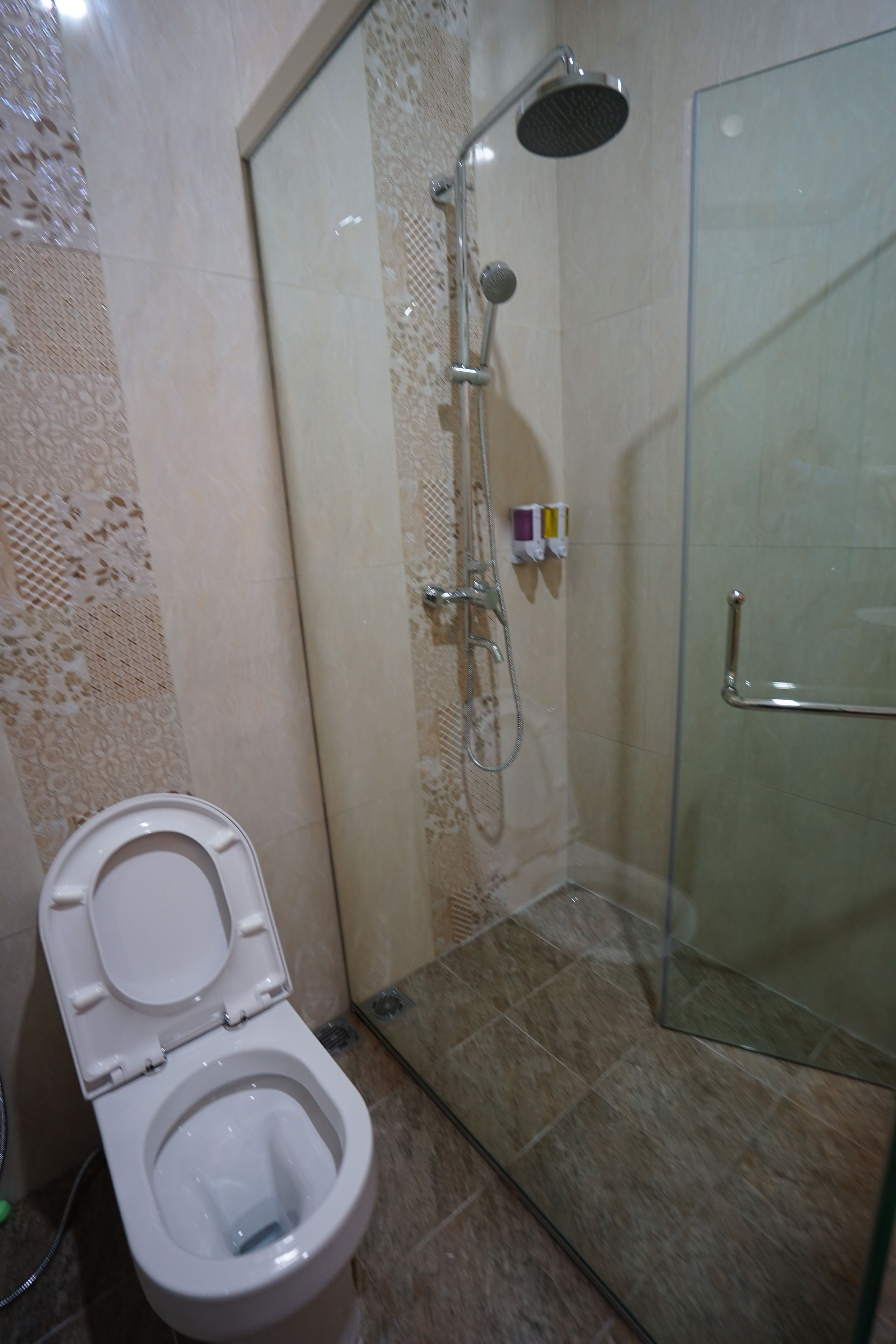 A bathroom with a toilet, a glass-enclosed shower area, and a tiled floor.