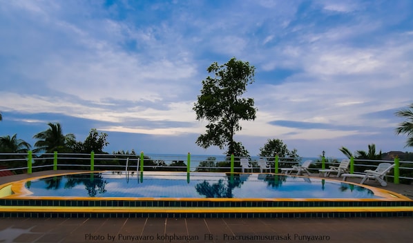 A swimming pool with a view of the sea, surrounded by palm trees and a clear sky.