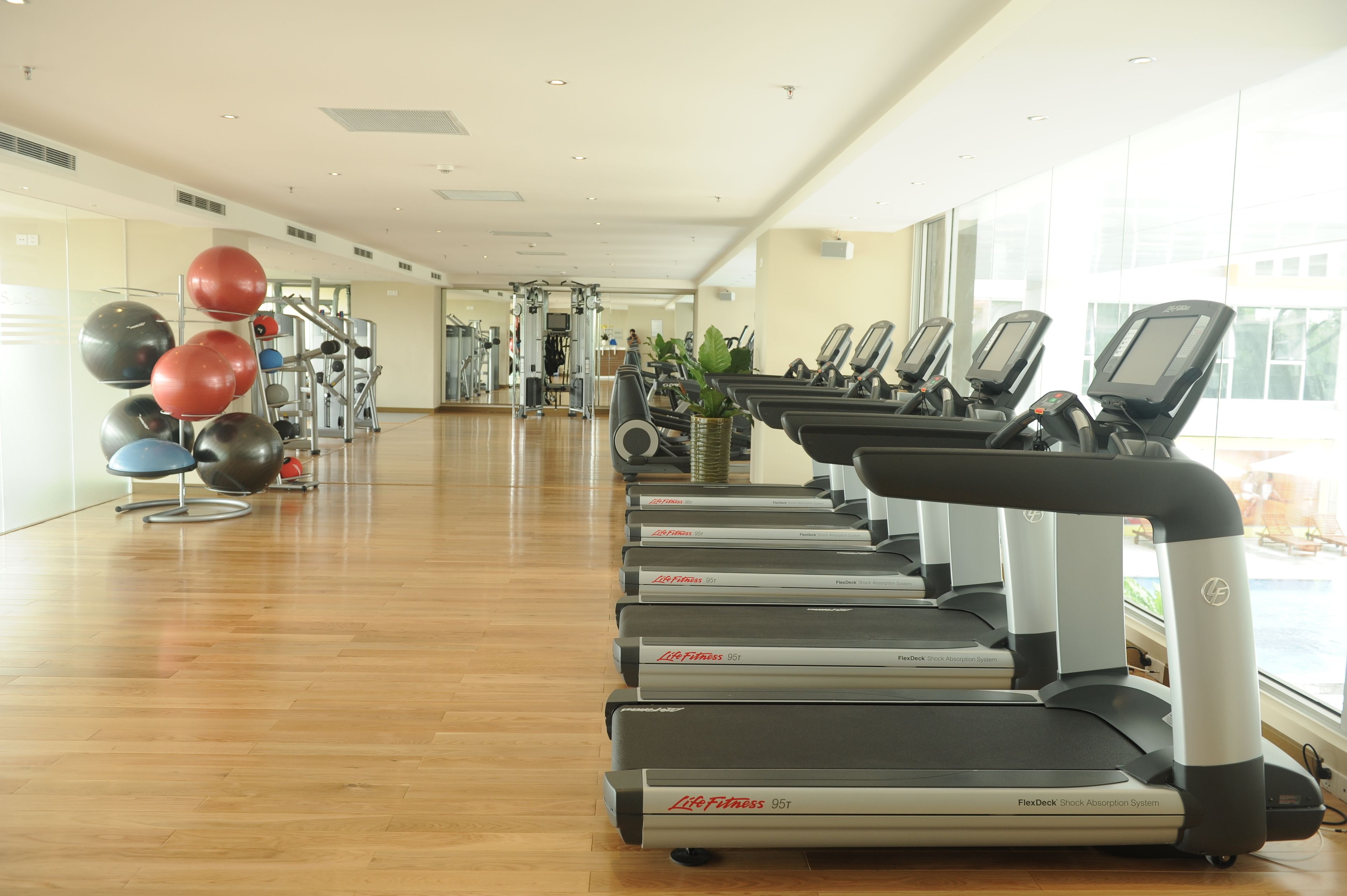 A gym with treadmills, exercise balls, and weight machines.