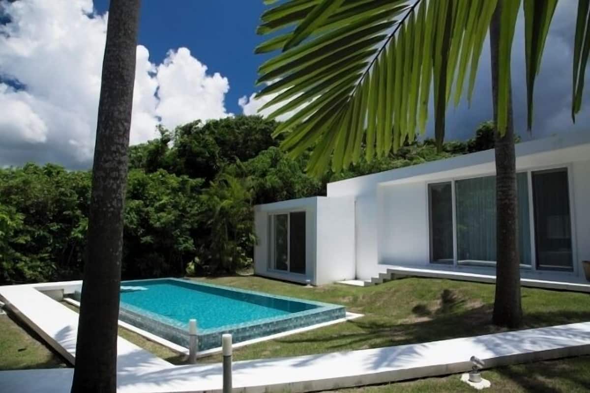 A modern house with a swimming pool, surrounded by lush greenery and palm trees.