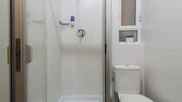 A bathroom with a glass-enclosed shower, a white toilet, and a small shelf with a plant.