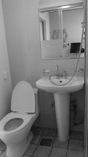 A standard bathroom with a toilet, sink, and mirror. - Cheonggye Haus (Seoul)