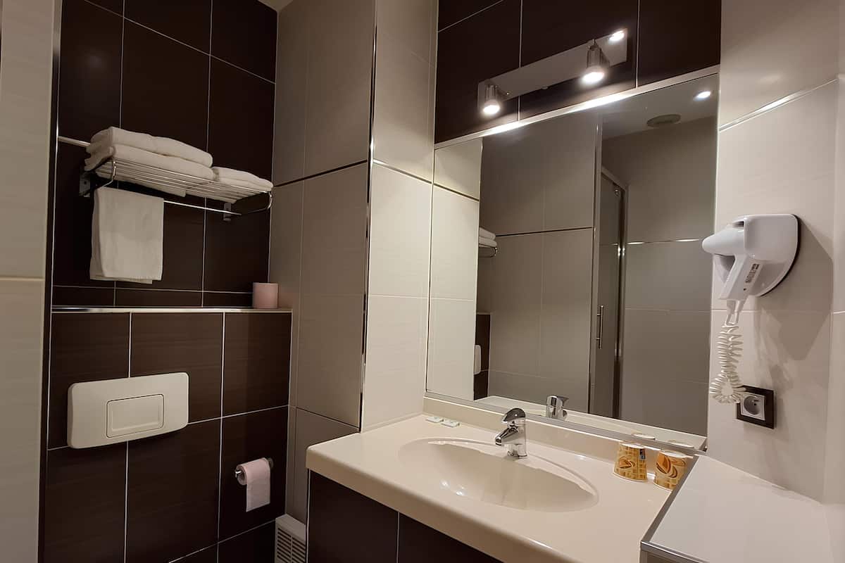 shower, free toiletries, hair dryer, towels