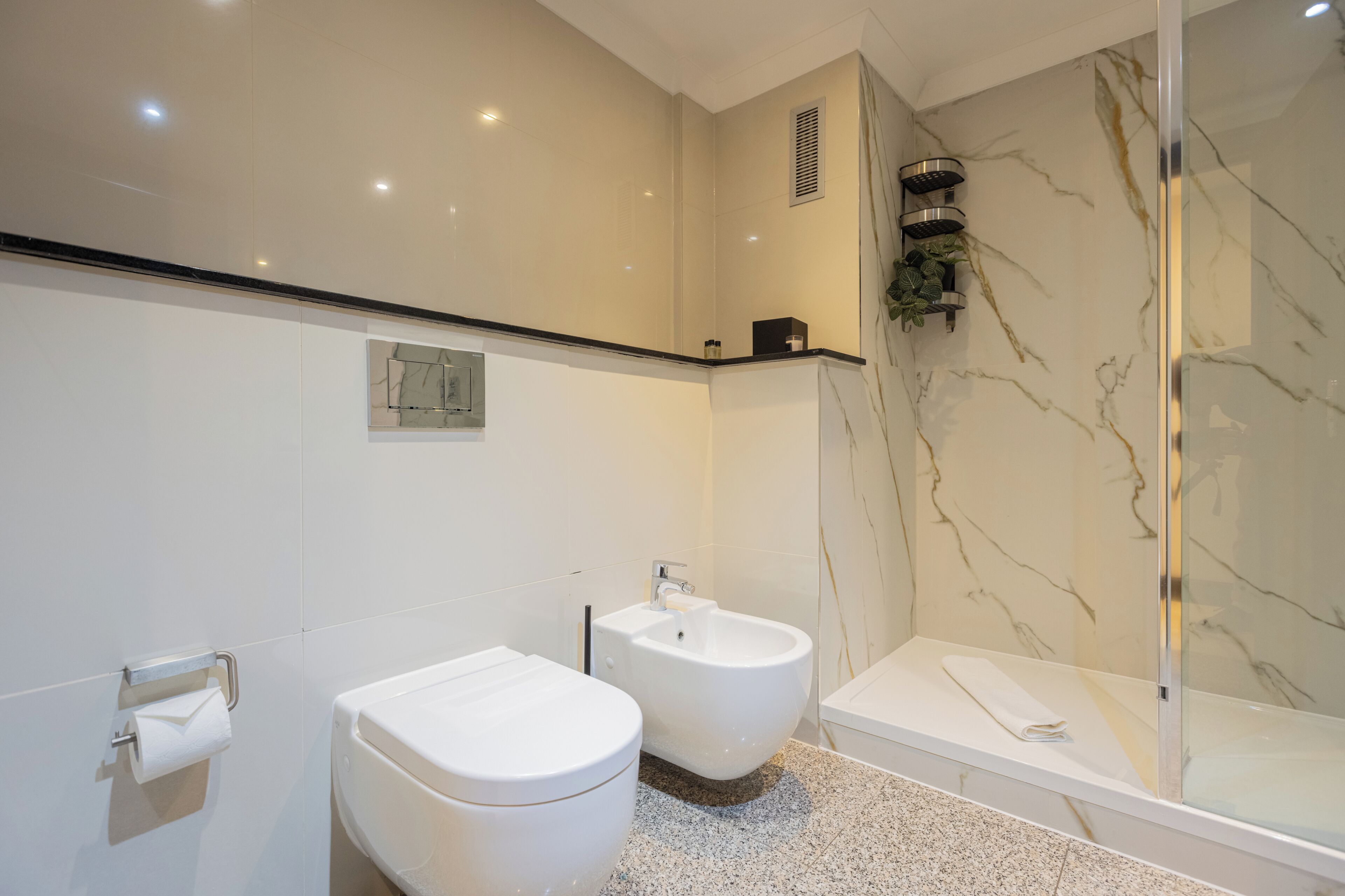 A modern bathroom with a toilet, bidet, and glass-enclosed shower.