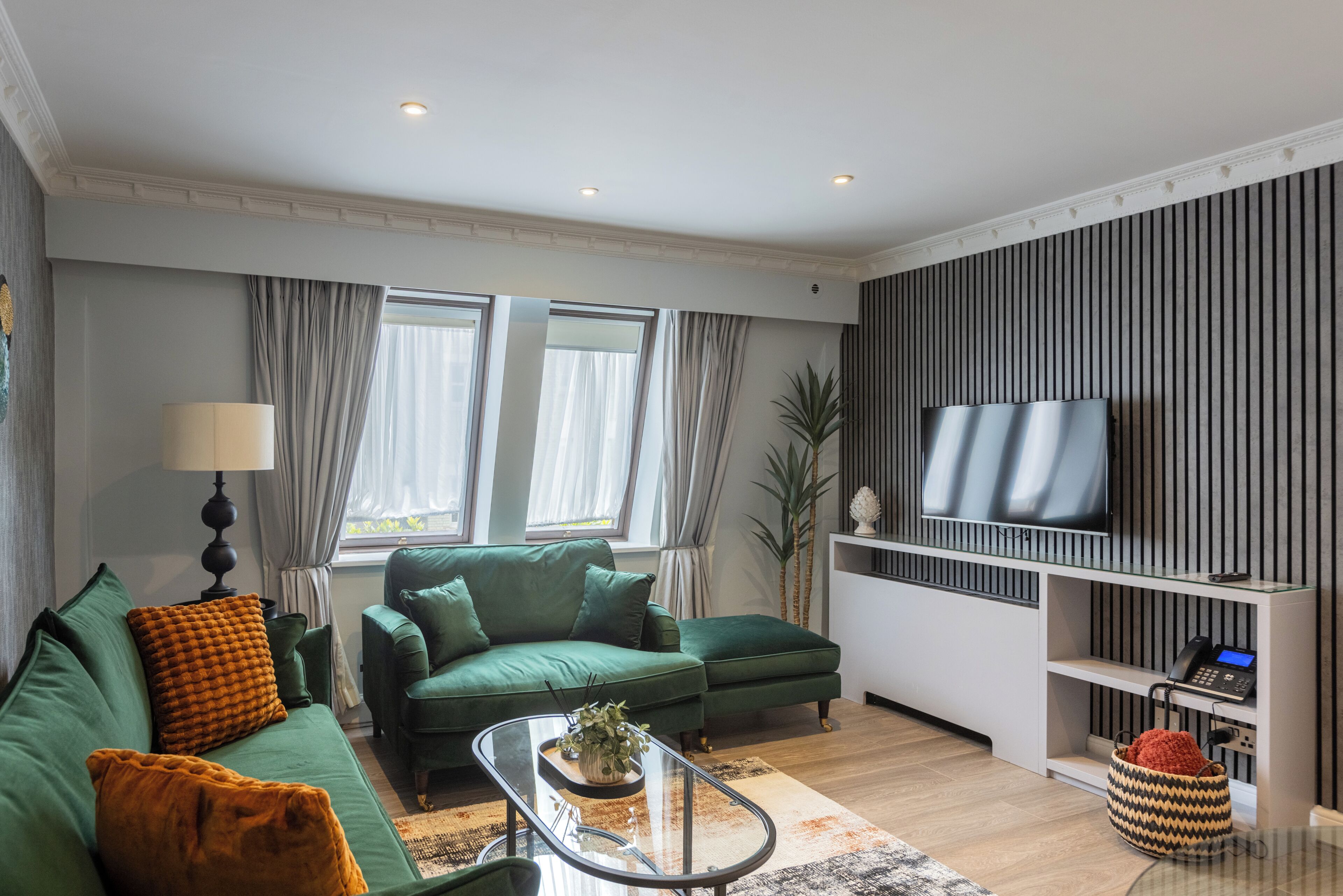 A modern living room with a sofa, a coffee table, a TV, and a plant.