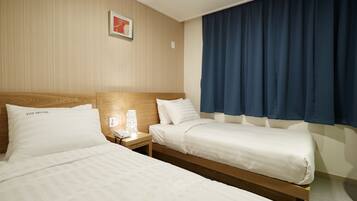 Desk, laptop workspace, blackout curtains, iron/ironing board