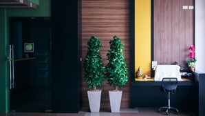 Uma área de recepção com duas plantas em vasos, uma mesa com um computador e uma cadeira.