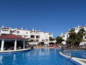 Outdoor pool, pool umbrellas, pool loungers