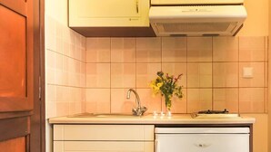 Cocina compacta con lavavajillas integrado, un lavamanos y un armario superior.