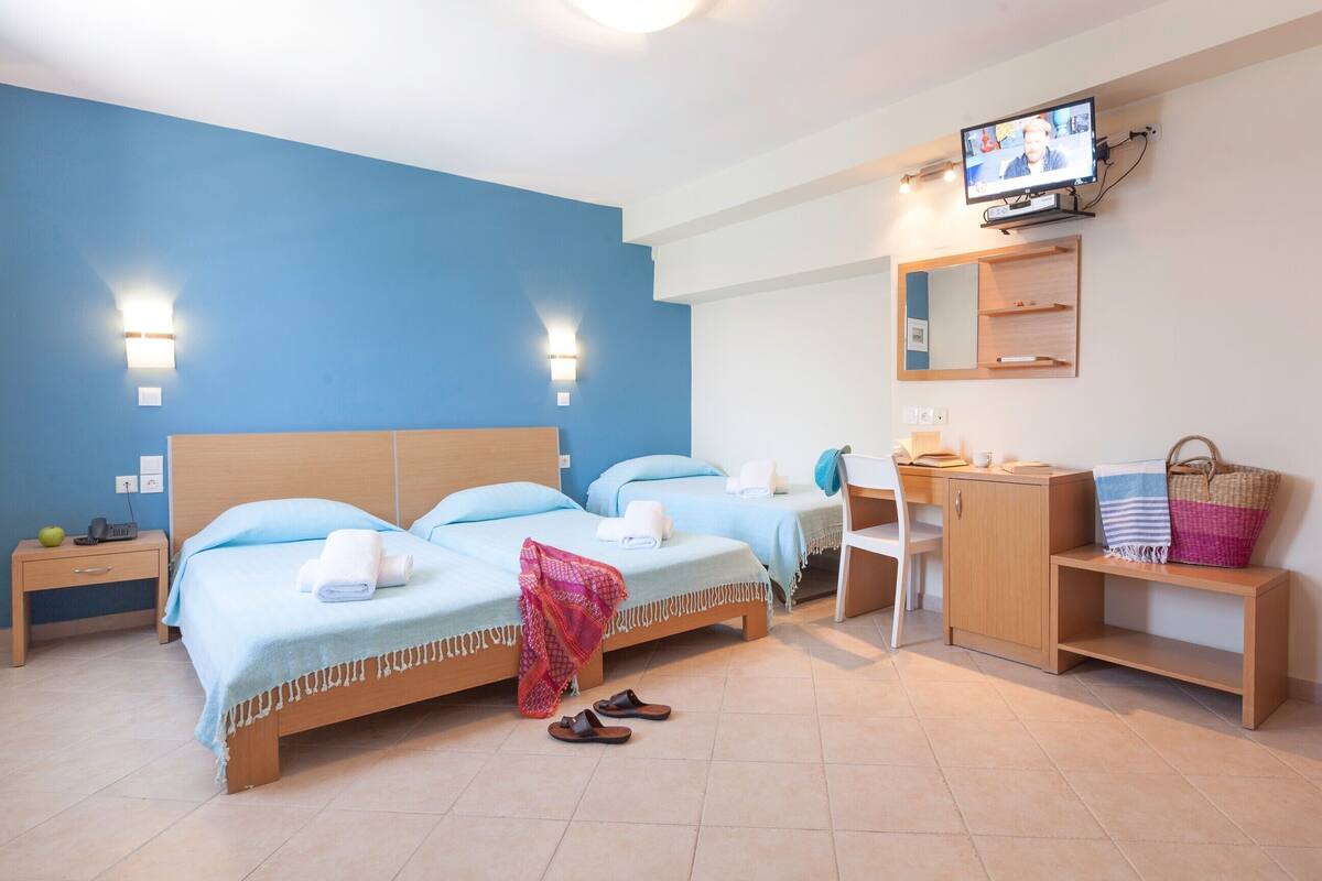 Habitación de hotel con dos camas, un escritorio, un televisor y un espejo.