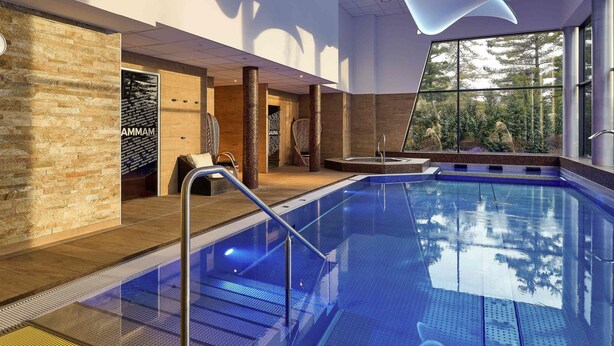 A modern indoor pool area with a clear glass barrier, a sauna room, and a view of the outdoors.