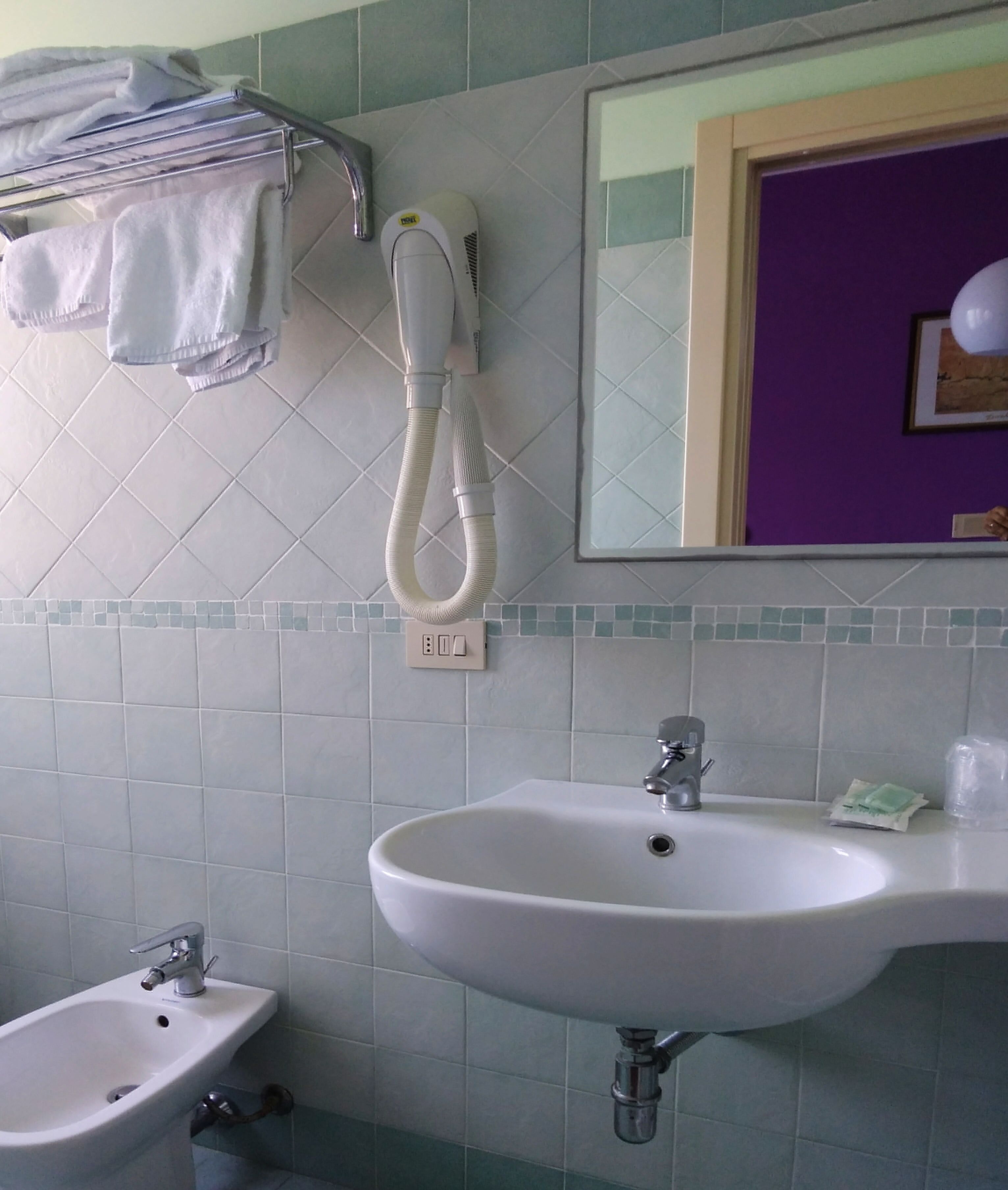 deluxe double room | bathroom | shower, hair dryer, bidet, towels