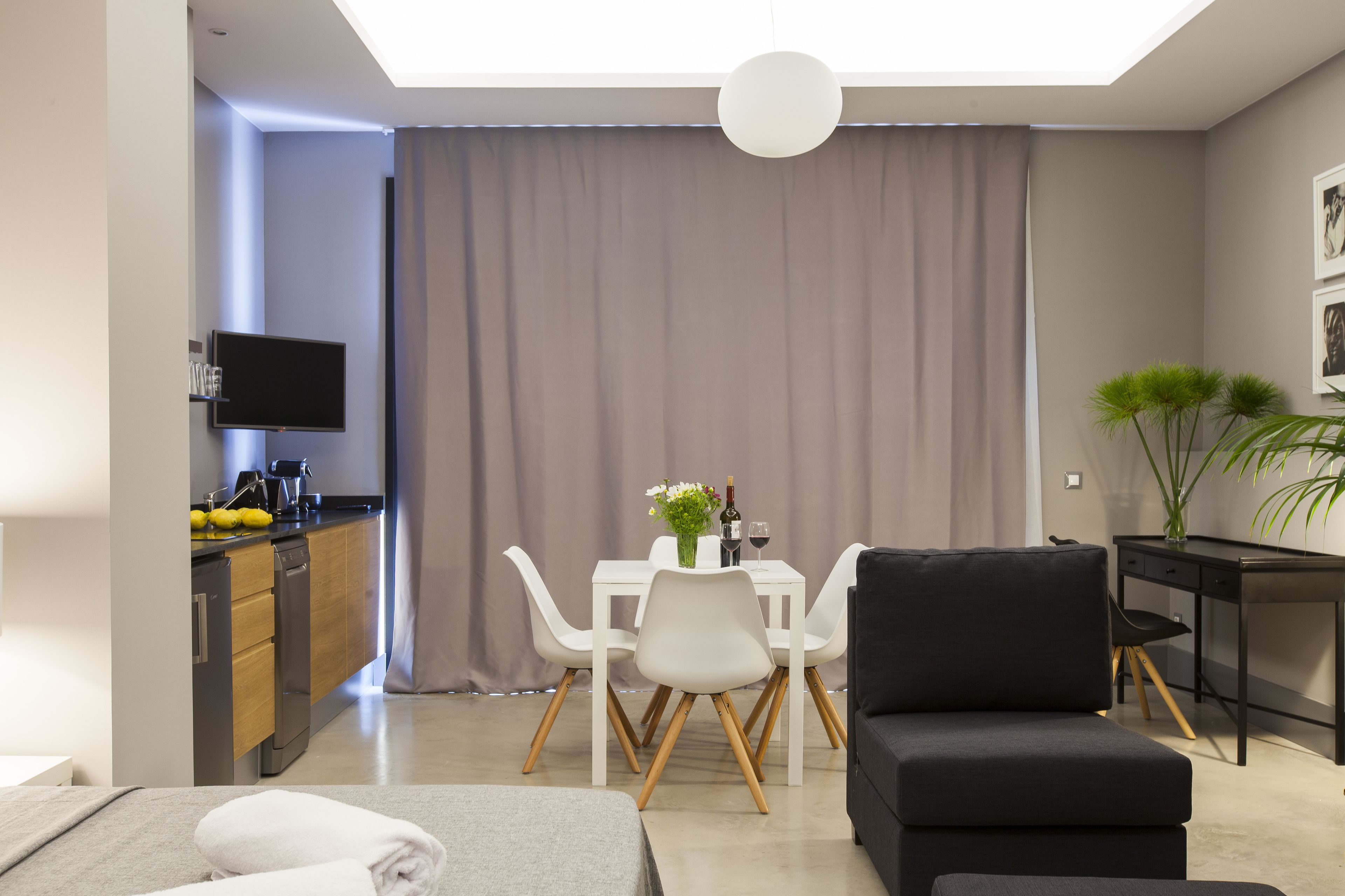 A modern living room with a dining area, a black sofa, a TV, and a plant.