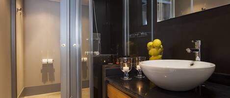 A modern bathroom with a glass shower enclosure, a large white sink, and a mirror above the sink.