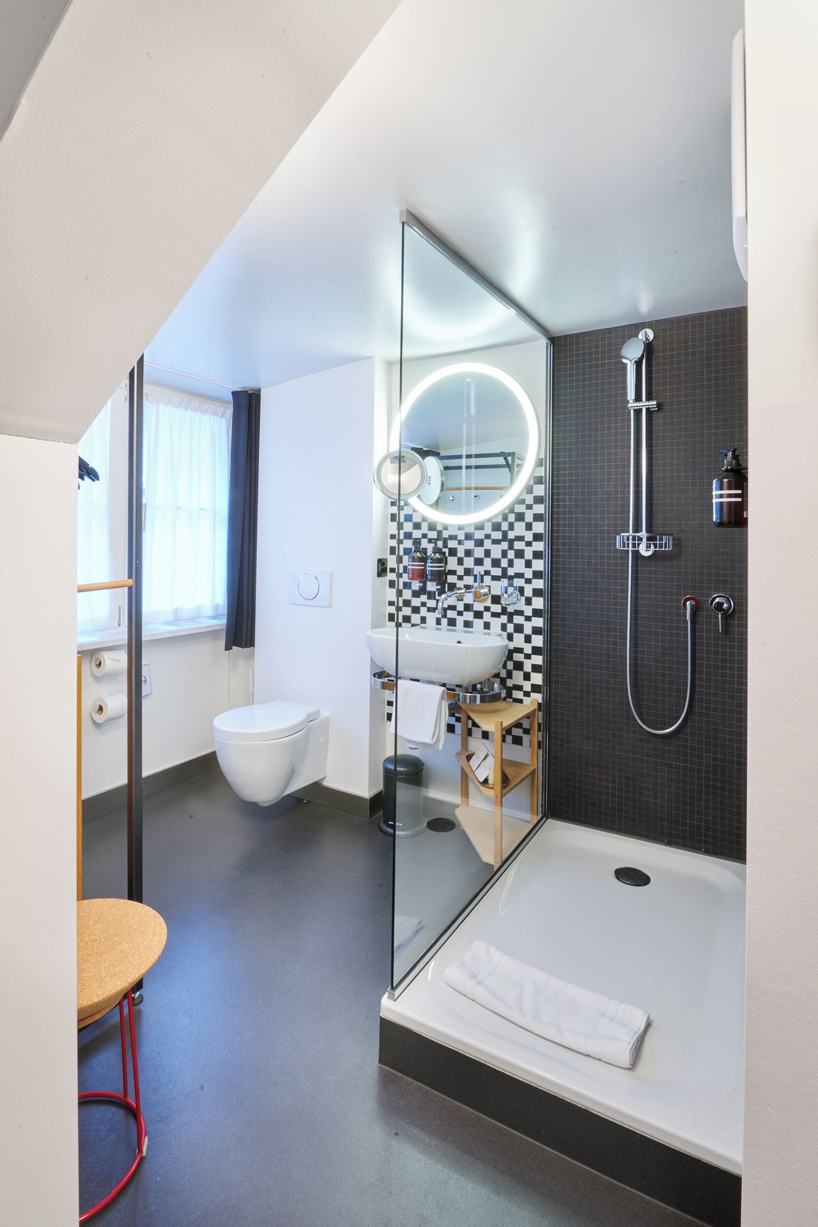 tiny room | bathroom | shower, designer toiletries, hair dryer, towels