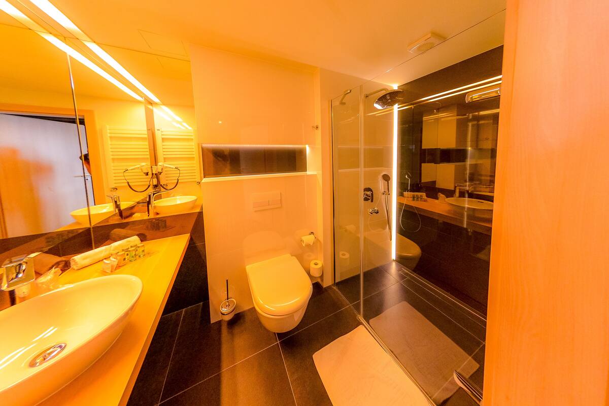 deluxe double room | bathroom | shower, free toiletries, hair dryer, towels