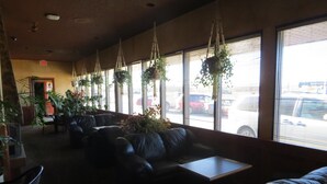 A restaurant interior with leather seating, hanging plants, and large windows overlooking a parking lot. - Key West Inn (Devon)