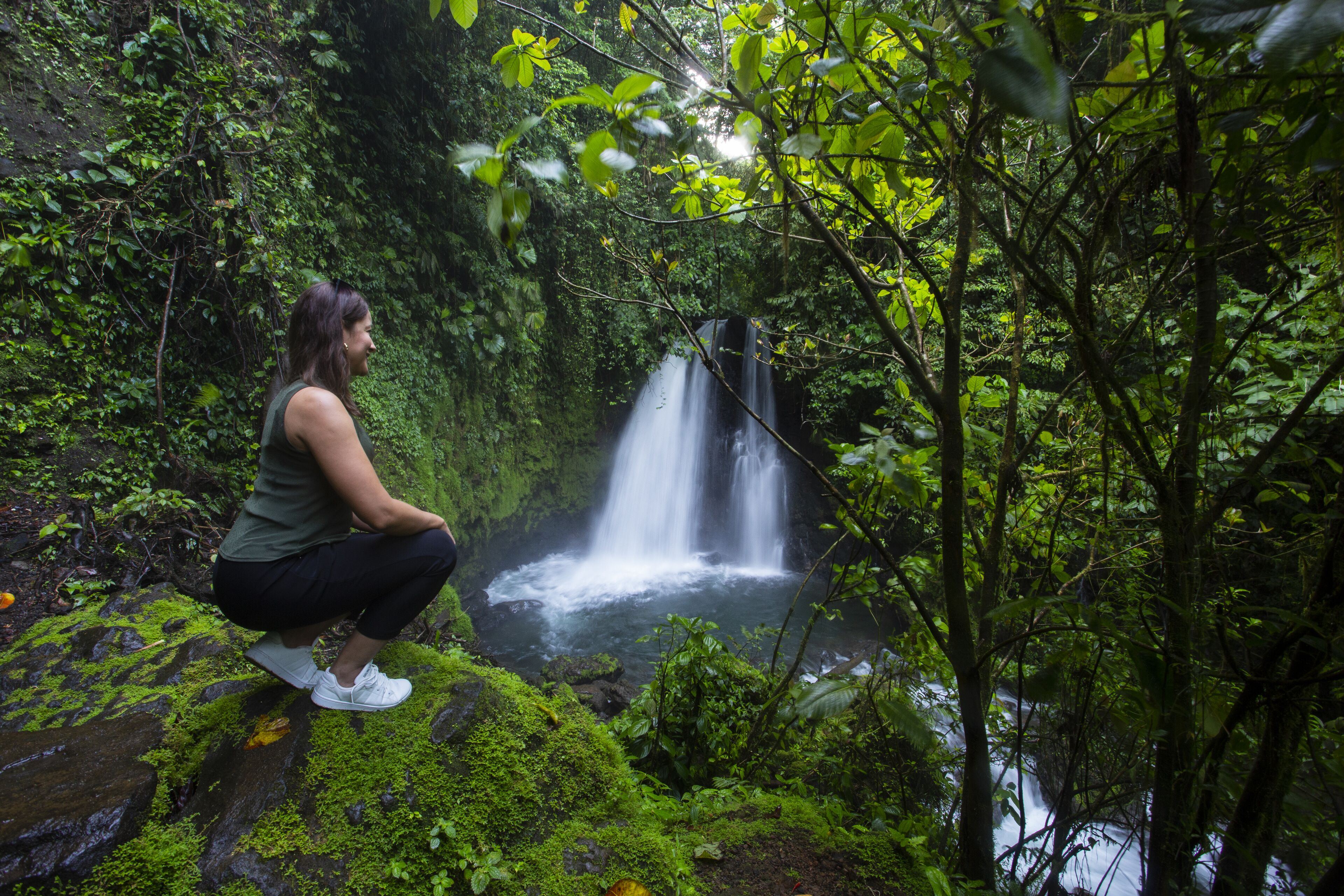 Une personne assise sur un rocher recouvert de mousse, près d’une cascade, dans une forêt luxuriante.